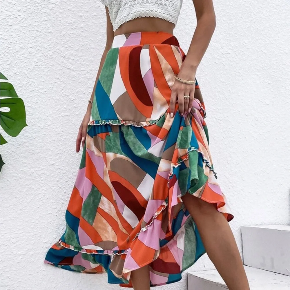 Boho Geo Abstract Print Maxi Skirt - Picture 1 of 6
